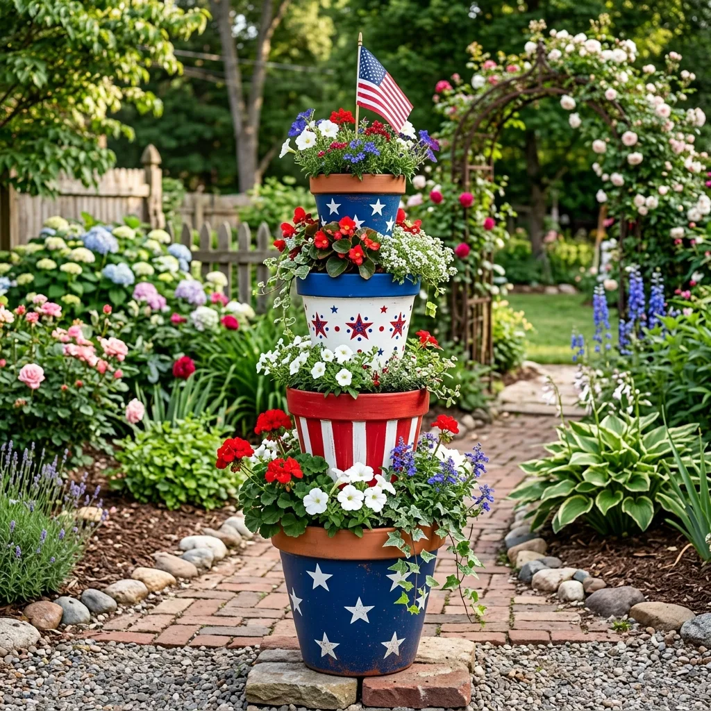 Stacked patriotic clay pot tower decor